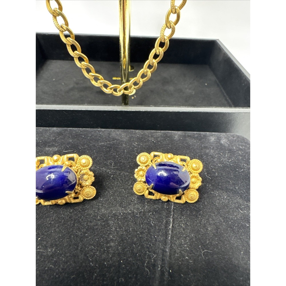 Vintage signed Miriam Haskell Gold Tone Lapis Necklace & Earrings - Picture 3 of 8